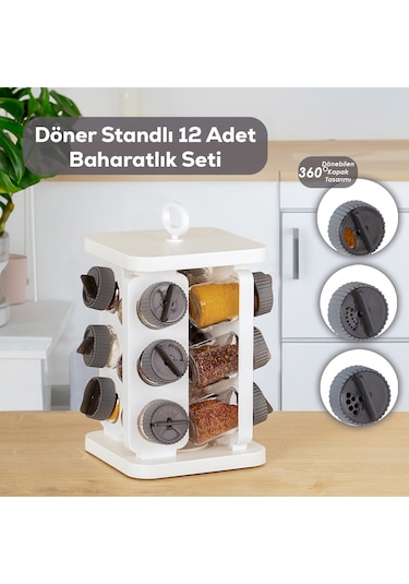 Porsima 1081 Kare Döner Standlı Döner Kapaklı Cam Baharatlık Antrasit - Beyaz