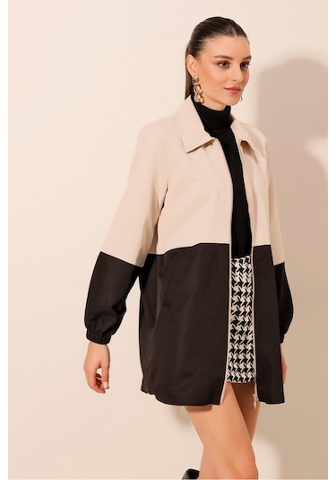 5909 Çift Renkli Mevsimlik Trençkot - Siyah Siyah