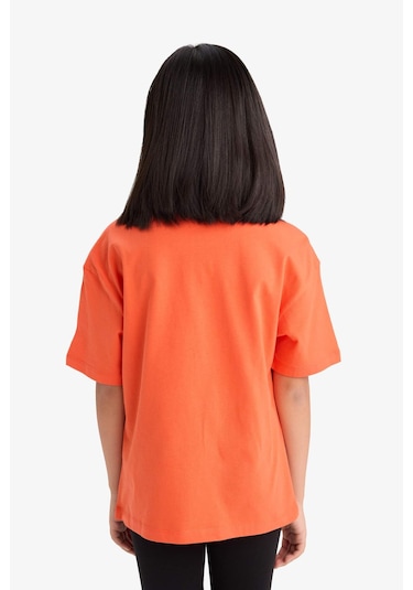 Defacto Kız Çocuk Oversize Geniş Kalıp Baskılı Bisiklet Yaka Kısa Kollu Tişört E0386a825smog584 Turuncu