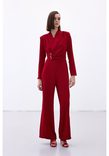 Sateen Fiyonk Aksesuarlı Krep Tulum - Kırmızı-136702 Kırmızı