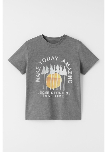 Erkek Çocuk %100 Pamuklu Baskılı Kısa Kollu Tişört - Antrasit 3-4 Yaş 8-9 Yaş Antrasit