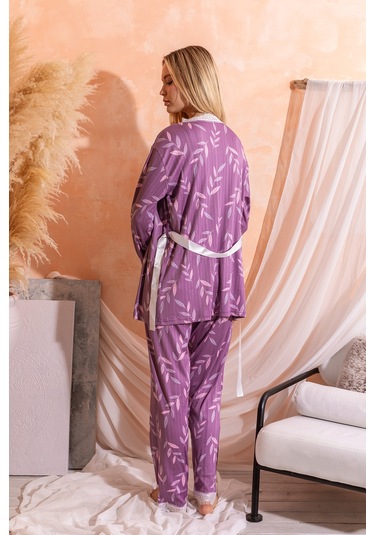 Sabahlıklı Dantel Detaylı Pegasus Kadın Pijama Takımı-çeyizlik Takım- Geniş Beden Aralığı Lila