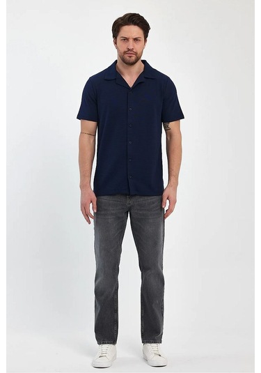 Erkek Rahat Kalıp Ottoman Kumaş Nefes Alabilen Pamuklu Apaş Yaka Gömlek Lacivert