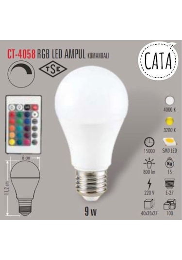 Cata CT-4058 9W RGB Işık E27 Duy Kumandalı Led Ampül