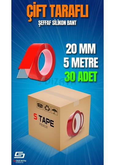 S-dizayn Çift Taraflı Bant 20mm X 5 Metre Şeffaf Silikon Vhb Bant 30'lu Koli A+kalite 20 MM x 5 M