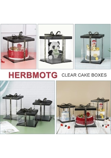 Bloomnest 5 Parça 8-9 İnç Kurdeleli Şeffaf Pasta Kutusu, 6-7 İnç Pasta Ambalajı, Nakliye İçin Siyah