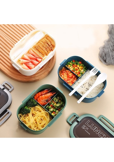 Taşınabilir Bölmeli Çift Katmanlı Öğle Yemeği Kutusu - Mavi