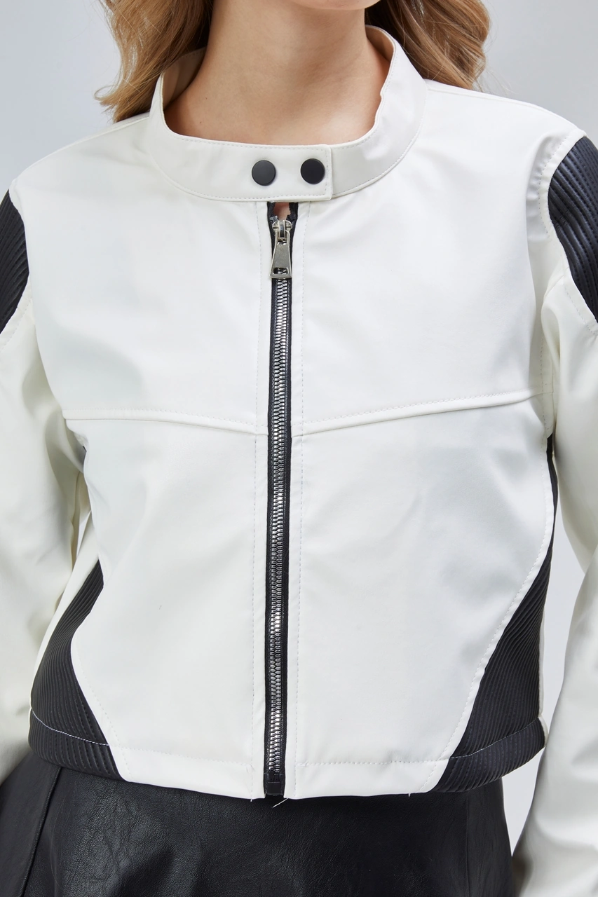 Kadın Oversize Fermuarlı Yaka Çıt Çıtlı Omuz Ve Etek Beyaz Desenli Kolej Yarışçı Ceket Motorcu Mont Beyaz-siyah