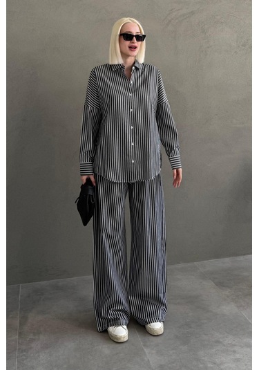 Madmext Siyah Çizgili Gömlek Pantolon Kadın Takım Mg2457 Siyah