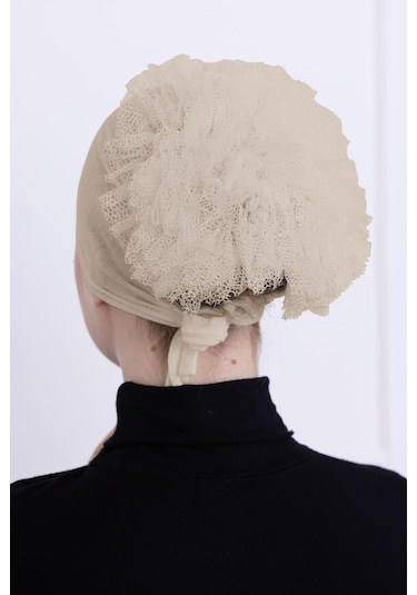 Fırfırlı Önden Dikişli Penye Bone - Kadın Tesettür Bağlamalı Topuz İç Bone-krem Krem