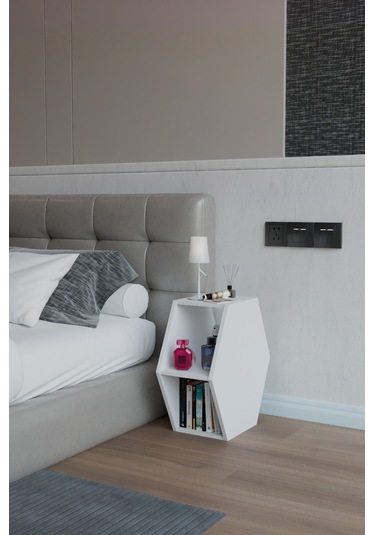 Alpa Ev Mobilya Altıgen Komodin, Modern Başucu Sehpası, Dekoratif Raflı Komodin Kitaplık Beyaz