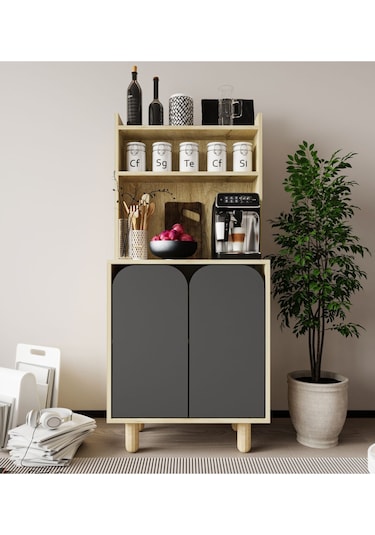 Parma 2 Kapaklı Mutfak Dolap, Kahve Köşesi, Çok Amaçlı Dolap Safir Meşe-antrasit