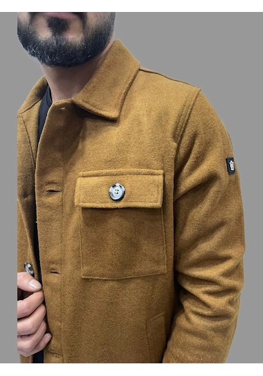 Erkek Cep Detaylı Kışlık Taba Kaşe Gömlek Taba