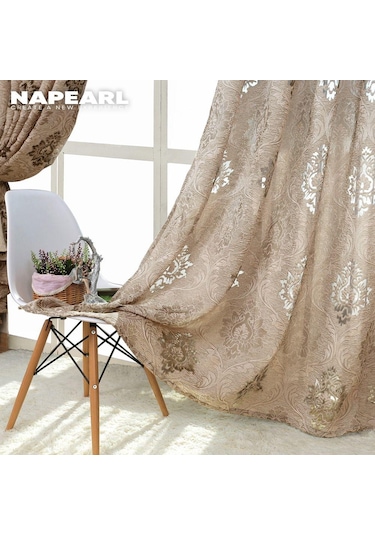 Açık Kahverengi 1 Adet Napearl Moda Jakarlı Tül Perde Avrupa Tarzı Şeffaf Kahverengi Gri Perde Mutfak Oturma Odası Ev Dekor İçin W100 X L260cm