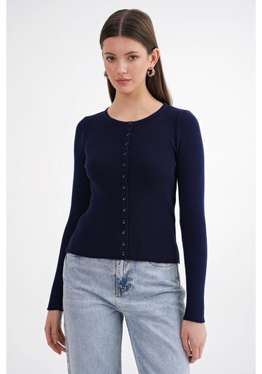 6931 Kadın Düğmeli Fitilli Triko Hırka Lacivert Lacivert
