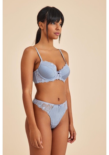 Paris Gri Mavi Balenli Dantelli Dolgulu Push-up Sütyen Mavi