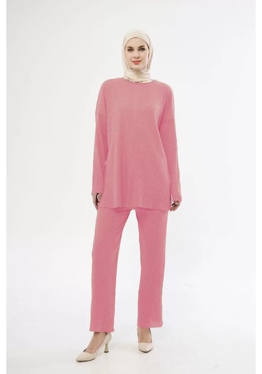 Uzun Kollu Organik Yıkanmış Kumaş Fitilli Pantolonlu Takım - Gül 001