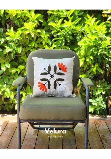 Dekoratif Kırlent & Pinterest Kırlent & Keten Kumaş - Nakış İşleme & A9 Turuncu - Beyaz