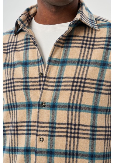 Koyu Bej Yünlü Ekose Desen Yumuşak Yaka Cepsiz Uzun Kol Casual Comfort Fit Gömlek 1004245227 Koyu Bej