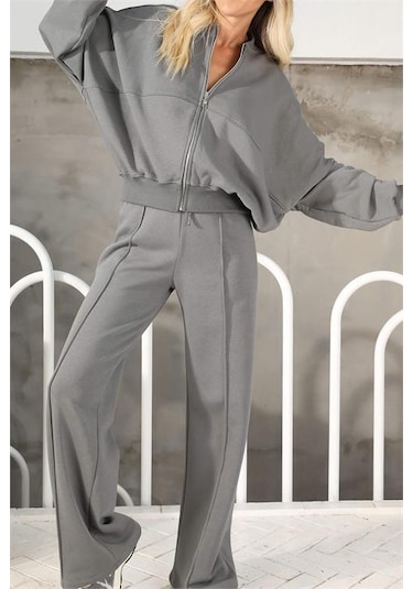 Neşeli Butik Kadın Penye 3 İplik Şardonlu Kumaş Eşofman Takımı Gts022 - Antrasit Antrasit