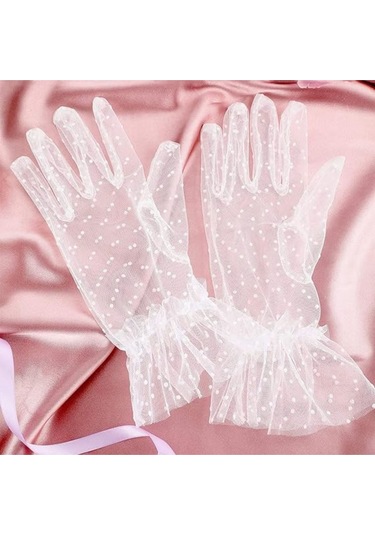 Güpürlü Tüllü Puantiyeli Şeffaf Parti Kostüm Kına Düğün & Gelin Eldiveni Beyaz Çok Renkli
