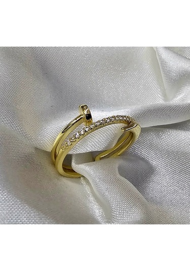 Dükkan Design Çivi Desenli Tasşlı Sarı Çelik Yüzük Sarı Altın