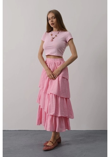 Katlı Kesim Uzun Etek - Pembe Pembe