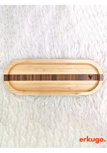 2 Adet Bambu Kalp Desenli Oval Servis Tabağı, Sunum Tabağı 25,5 X 9,5 Cm Bambu