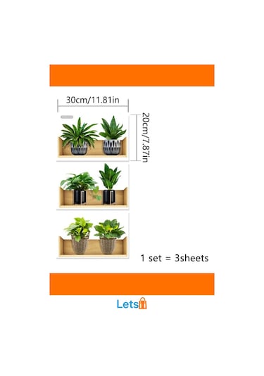 Raflı Bitki Tasarımlı Yapışkanlı Sticker 20x30 Cm 3 Adet Çok Renkli