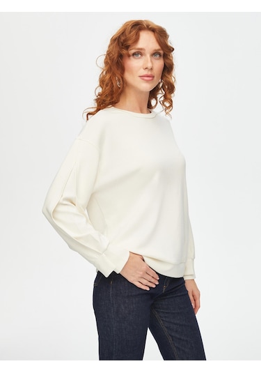 Relax Kolu Kontrast Garnili Modallı Sweatshirt 69757 U6975773 Ekru