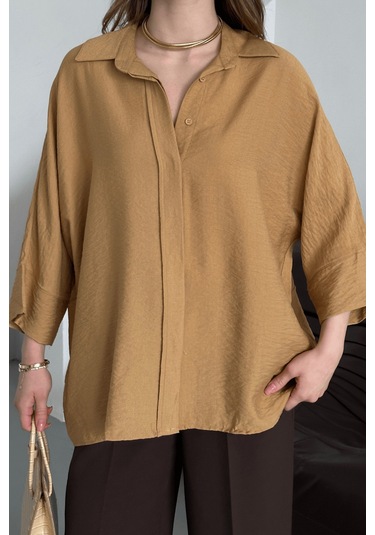 Paw Garage Kadın Evelyn Vizon Oversize Gömlek, Keten Ayrobin Ön Patlı Gömlek Vizon