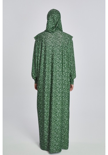 Pratik Tek Parça Çiçek Desenli Namaz Elbisesi Yeşil