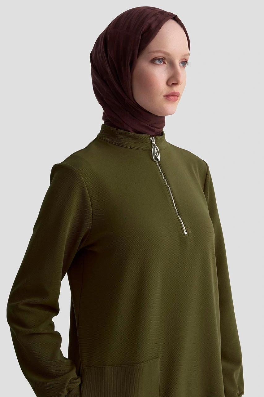 Armine Trend Kolları Ribanalı Yarım Fermuarlı Tunik Yağ Yeşili 25kt443 Yağ Yeşili