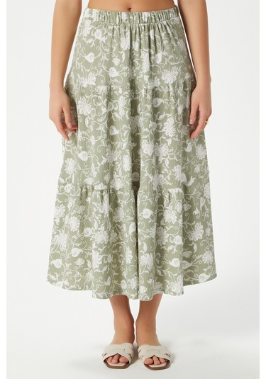 Kadın Caty Bel Lastikli Haki Krem Uzun Etek Yeşil