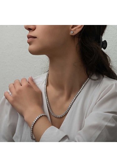 Silverlina Gümüş 2.5 Mm Beyaz Taşlı Su Yolu Kadın Set