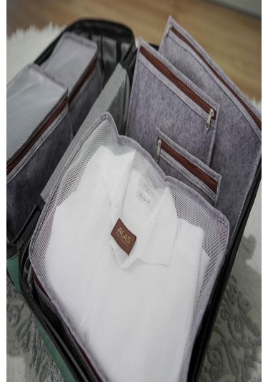 Deri Detaylı Gri 6'lı Set Bavul İçi Düzenleyici Organizer Valiz Düzenleyici Bebek Doğum Hurcu Gri