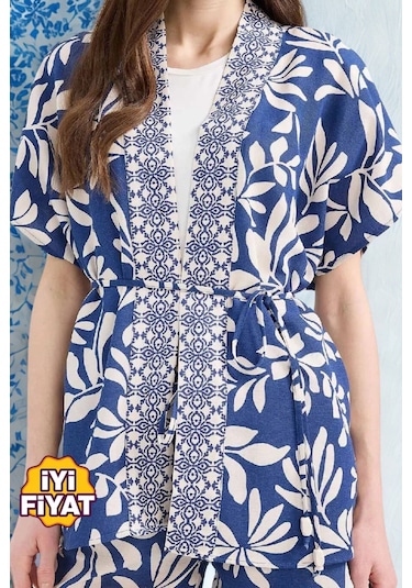 Kadın Regular Fit Desenli Kuşaklı Kısa Kollu Keten Kimono , Plaj Kimono Mavi