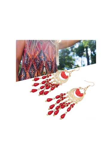 Lemestar Kadınlar İçin Kırmızı Retro Desenli Alüminyum Tassel Küpe, Hafif Ve Konforlu, Boho Vintage Stili, Hediye Kutusu İçerisinde 2 Adet Diğer