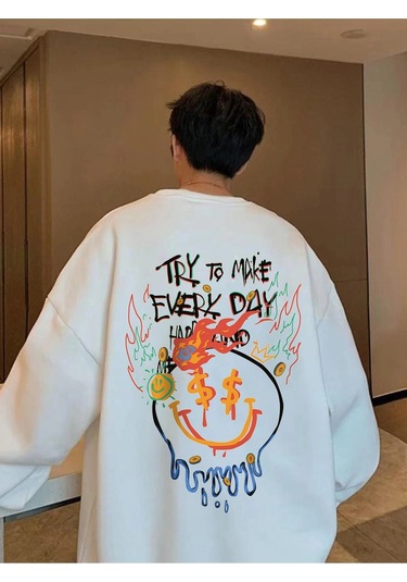 Adrift Manfinity Emrg Cartoon And Slogan Graphic Sweatshirt Beyaz Beyaz