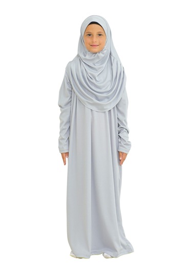 İki Parça Çocuk Elbisesi Seti Eşarp İle Takım Gri