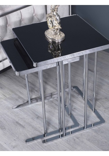 Premium Zigon Sehpa & Yan Sehpa 3'lü Kare Sehpa Hıgh Gloos Mdf Siyah Bronz Ayak