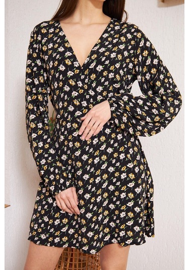 Siyah Çiçek Desenli Elbise Dm1025