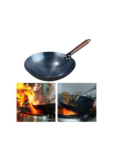 Dökme Demir Wok, Kızartma Tavası, Yuvarlak Tabanlı Kaplamasız, Yapışmaz 38cm