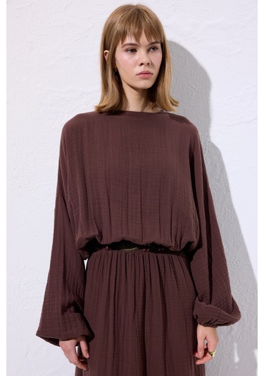 Müslin Beli Büzgülü Elbise Kahverengi Kahverengi