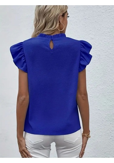 Munn Collection Kadın Kısa Kollu Fırfır Yakalı Bürümcük Bluz Mavi