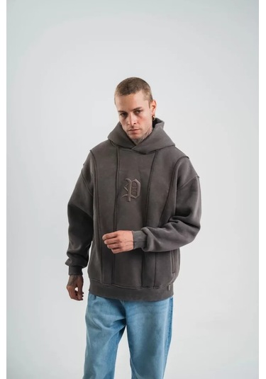 Unisex Uzun Kol Kapşonlu Yıkamalı Nakışlı Sweatshirt - Füme Anrasit