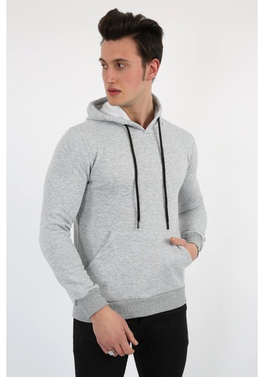 Modish Üç İplik Şardonlu Kapşonlu Düz Erkek Günlük Sweatshirt Gri