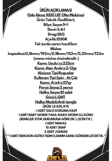 Oslo Alexa 1000 Oslo Action Game 225cm 2-12gr Lrf Olta Seti Standart