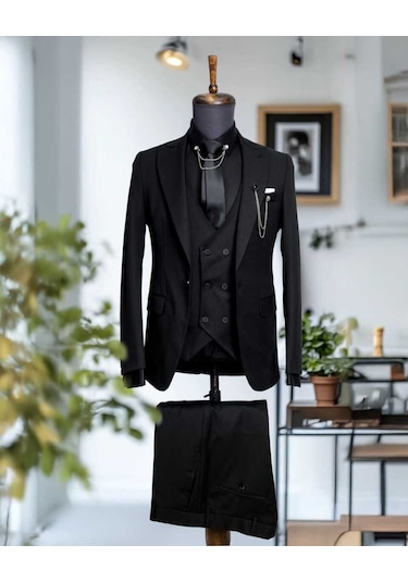 Beystil Sivri Yaka Siyah Takım Elbise Nikol04- Slim Fit Siyah