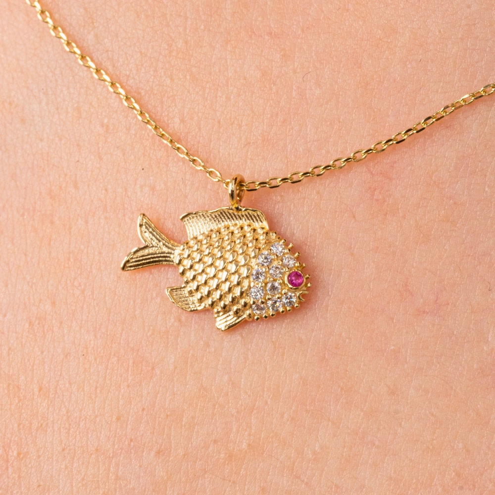 Gümüş Kolye - Taşlı Balık 925 Ayar Gümüş Kolye Sarı